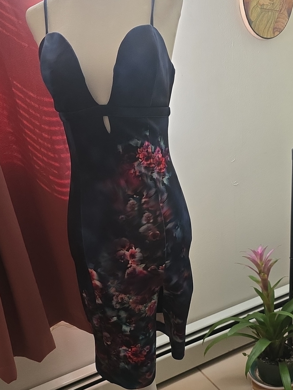 Floral Midi Bodycon Dress with Plunge Neckline - Blue/Purple/pink. BEBE
